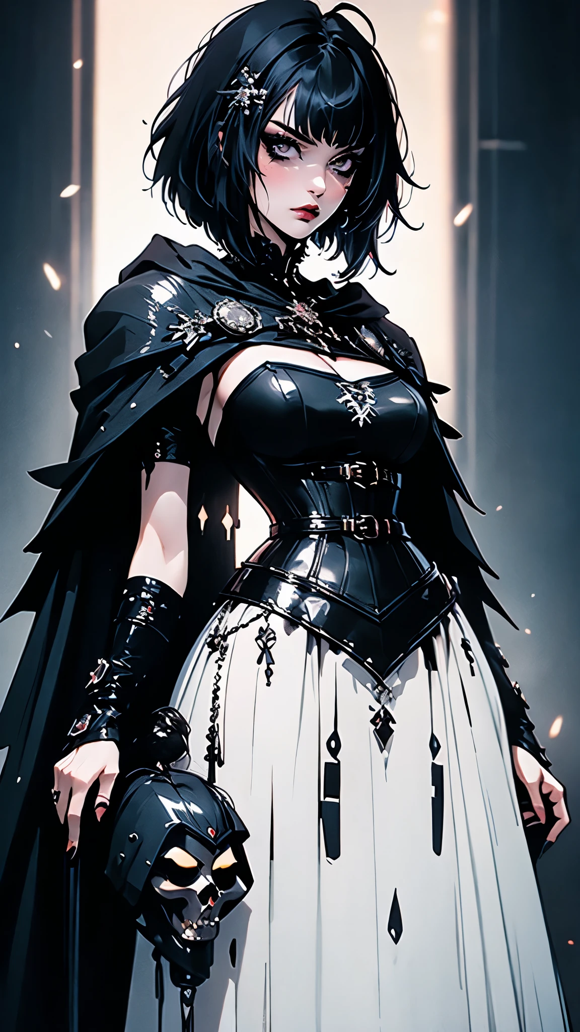 ((Masterpiece)), envision a 8k, highres, cinematic, extremely beautiful semi realistic full body pinup standing pose of a beautiful mature warrior woman with a mean face, slender (large breasts), soft face, ((long black hair)), side locks, long sweeping bangs, (black eyes), soft lips, lip gloss, thick eyebrows, (((ahoge))), Dress armor, maid knight armor, crusader, emo girl, corset, eyeliner, mascara, stickers, frowning, ((Black Cape)), skirt, boots, full body view, ((((1girl)))), in dark lighting, against a dark gray background