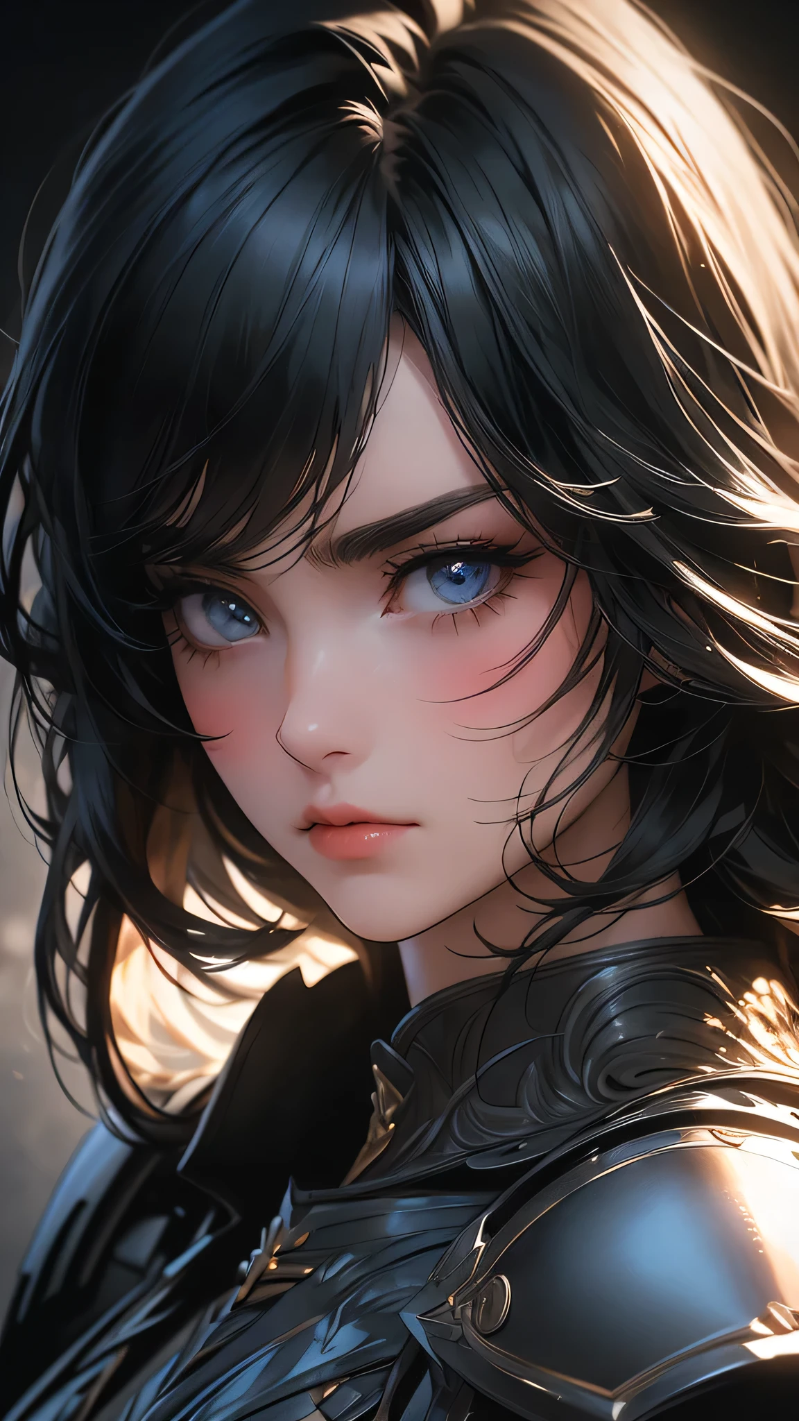 (8K, RAW Photos, Highest quality, masterpiece: 1.2), (Very delicate and beautiful face), (Beautiful eyes in every detail),Upper Body,A woman with wavy black hair and purple eyes, Black alien armor, blush,eye shadow, Cute face