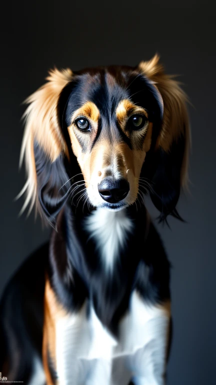 shy black and tan saluki, (epic, fantastic, dramatic lighting), (best angle), perfect eyes, gold eyes, portrait, solo, dark background, blurred background, (masterpiece, best quality:1.2)