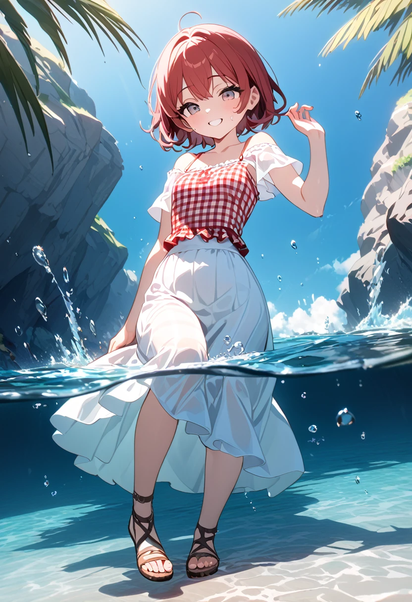 (8k, Best Quality, masterpiece: 1.2),Ultra-high resolution, 1 person, cute, solo ,Small breasts, Highly detailed face, White long skirt, The top is a red gingham check camisole.ソール, Short sleeve, White long skirt, The top is a red gingham check camisole., 白色のShort sleeve, Gladiator Sandals, sea, Date, Pure white long skirt, Short sleeve, Lots of water, Water Play, Waist-deep in water, Childlike, Bright smile, 