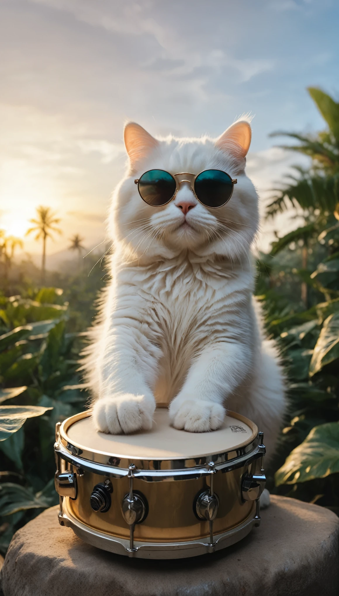 nature shot photo , white cat Persian, hit mini drum with palm hand, highly detailed, photographic, sunglasses, sunset, jungle, realistic, HDR, 8k,