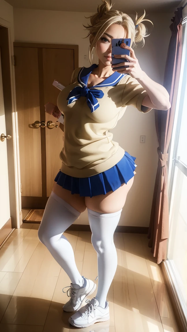 Himiko Toga, very beautiful, blue eyes, Short straight hair tied up and forming two blond buns , very giant breasts , shaped legs, very large buttocks , ((He is in his room taking a selfie))  ((dressed in a very sexy and sensual colored wide microskirt Cheerleader costume and white sneakers with very long stockings up to the thighs)), posing very sexy and sensual, Very nice room with a large window, good lighting, 4k resolution