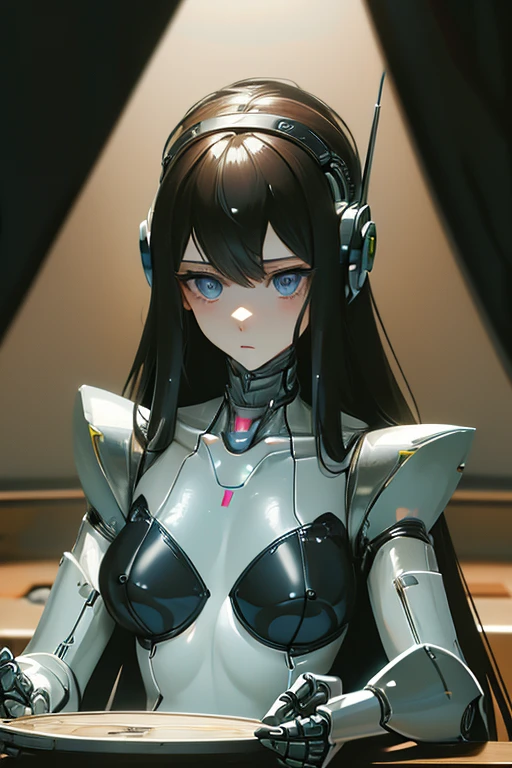 (masterpiece),(Highest quality),(Super detailed),(Best illustrations),(Best Shadow),(Absurd),(Detailed Background),(so beautiful), 16K, 8K, 4K,(Best Shadow),robotization,woman ,big bust,Robot Joint ,Metal skin,Black robot Suit,long hair,a black robot suit that covers the whole body,robot hand,cyber bodysuit,mecha head,(Detailed hands and fingers:1.2),Ball joint robot body,doll joint,beautiful face,beautiful robot girl,robotic eye,robotic hands,(no more human skin),android girl,cyborg girl,F cup, sexy body,(machine made joints:1.2),(machanical limbs:1.1),(blood vessels connected to tubes),(mechanical vertebra attaching to back),(mechanical cervial attaching to neck),no messy picture style,slim robot suit,makise kurisu(steins gate)