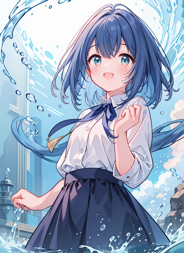 (8k, Best Quality, masterpiece: 1.2), Ultra-high resolution, 1 person, cute, Small breasts, Highly detailed face, White blouse, shirt, 大量のrain, rain, soaked, Black underwear, ribbon, gothic long skirt, Water droplets all over the body, A childlike smile, The best smile, Lots of water, Submersion, Splash, Water up to my chest, 