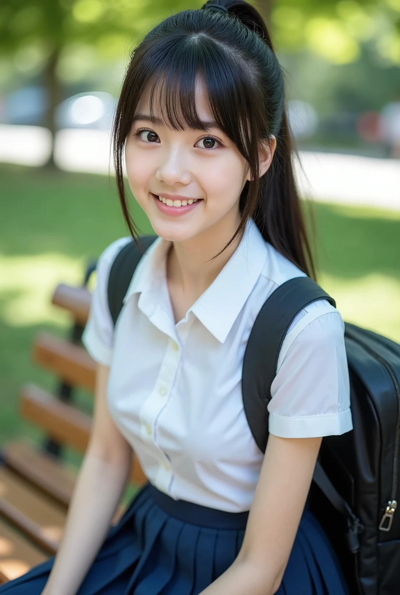 (masterpiece, best quality), 1girl, Alone, Japanese female high school student, Beauty, Super cute idol-like face, Large eyes with double eyelids, Shiny black hair、With bangs、Ponytail Hair, (White shirt, Sailor school uniform, Navy blue pleated skirt), smile, Sitting on a beautiful park bench, Carry a school backpack, Real Photo
