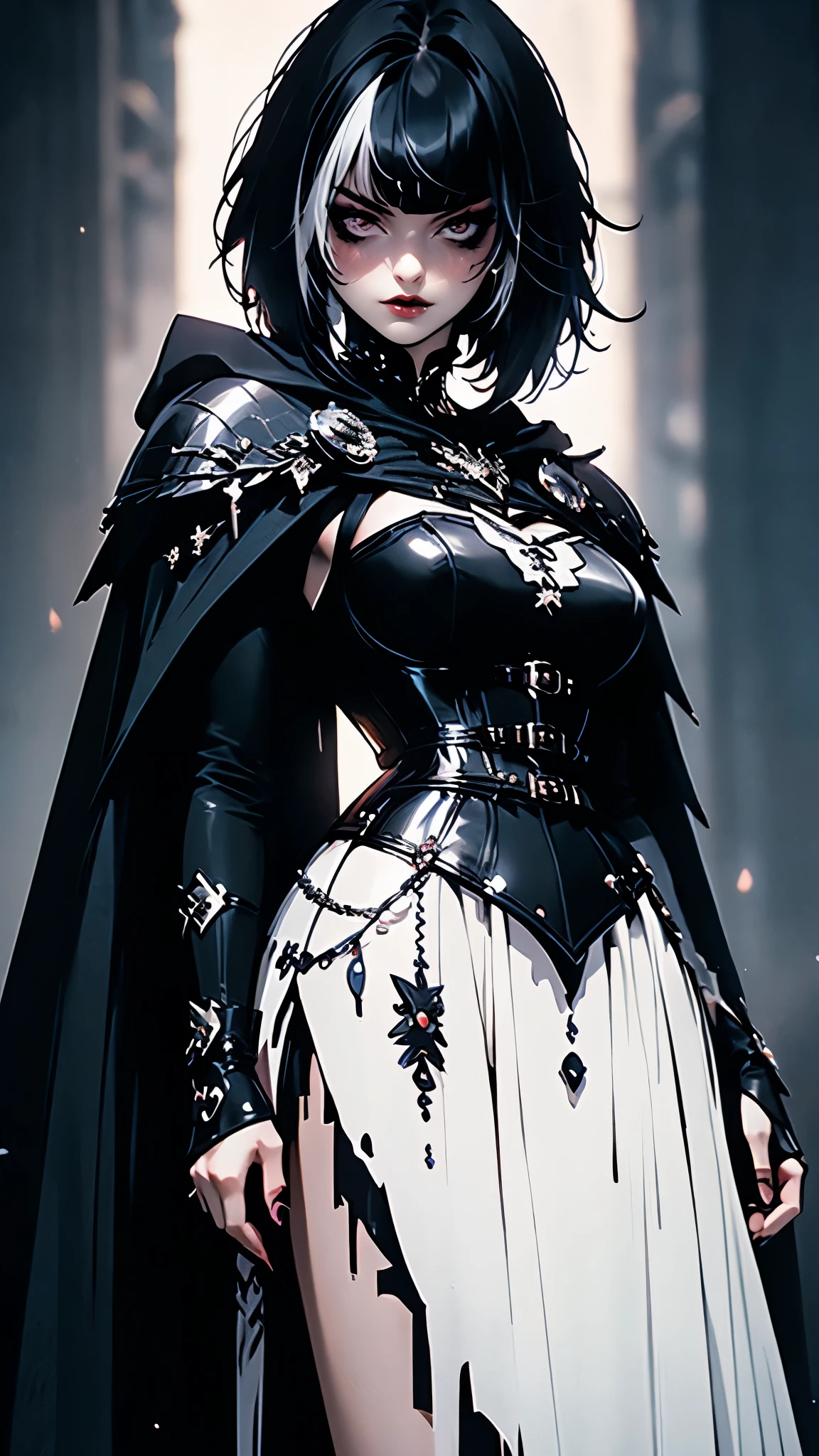 ((Masterpiece)), envision a 8k, highres, cinematic, extremely beautiful semi realistic full body pinup standing pose of a beautiful mature warrior woman with a mean face, slender (large breasts), soft face, ((long black hair)), side locks, long sweeping bangs, (black eyes), soft lips, lip gloss, thick eyebrows, (((ahoge))), Dress armor, maid knight armor, crusader, emo girl, corset, eyeliner, mascara, stickers, frowning, ((Black Cape)), skirt, boots, full body view, ((((1girl)))), in dark lighting, against a dark gray background