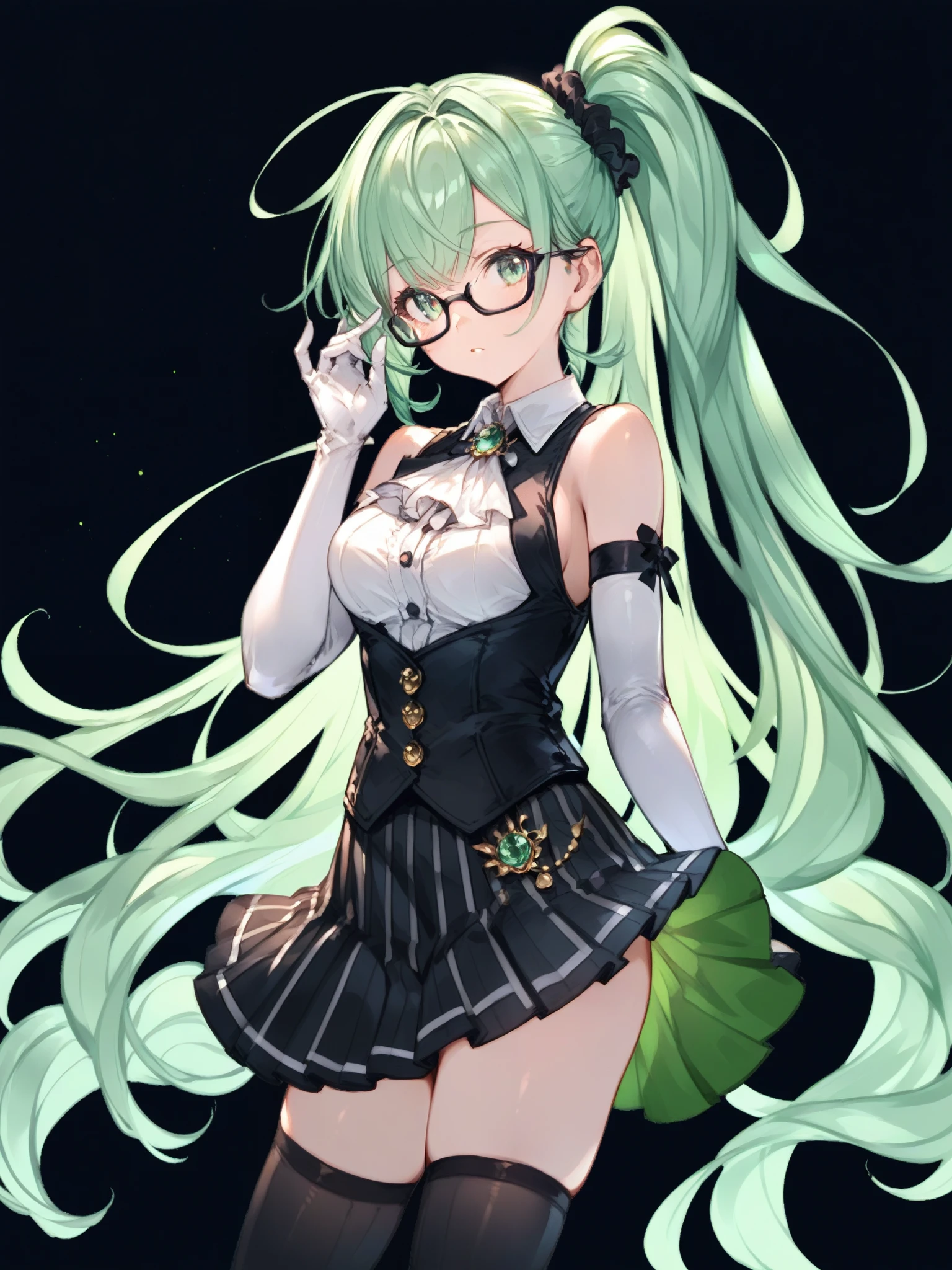 (score_9,score_8_up,score_7_up),high quality,best quality,Highly detailed,highres,1girl,sexy,black background,simple background, 1girl, long hair, very long hair, green hair, side ponytail, green eyes, medium breasts, hair scrunchie, black scrunchie, black ribbon, black-framed eyewear, under-rim eyewear, white shirt, collared shirt, dress shirt, sleeveless, black vest, bare shoulders, brooch, jewelry, white ascot, elbow gloves, white gloves, black skirt, striped skirt, pleated skirt, vertical stripes, black thighhighs,