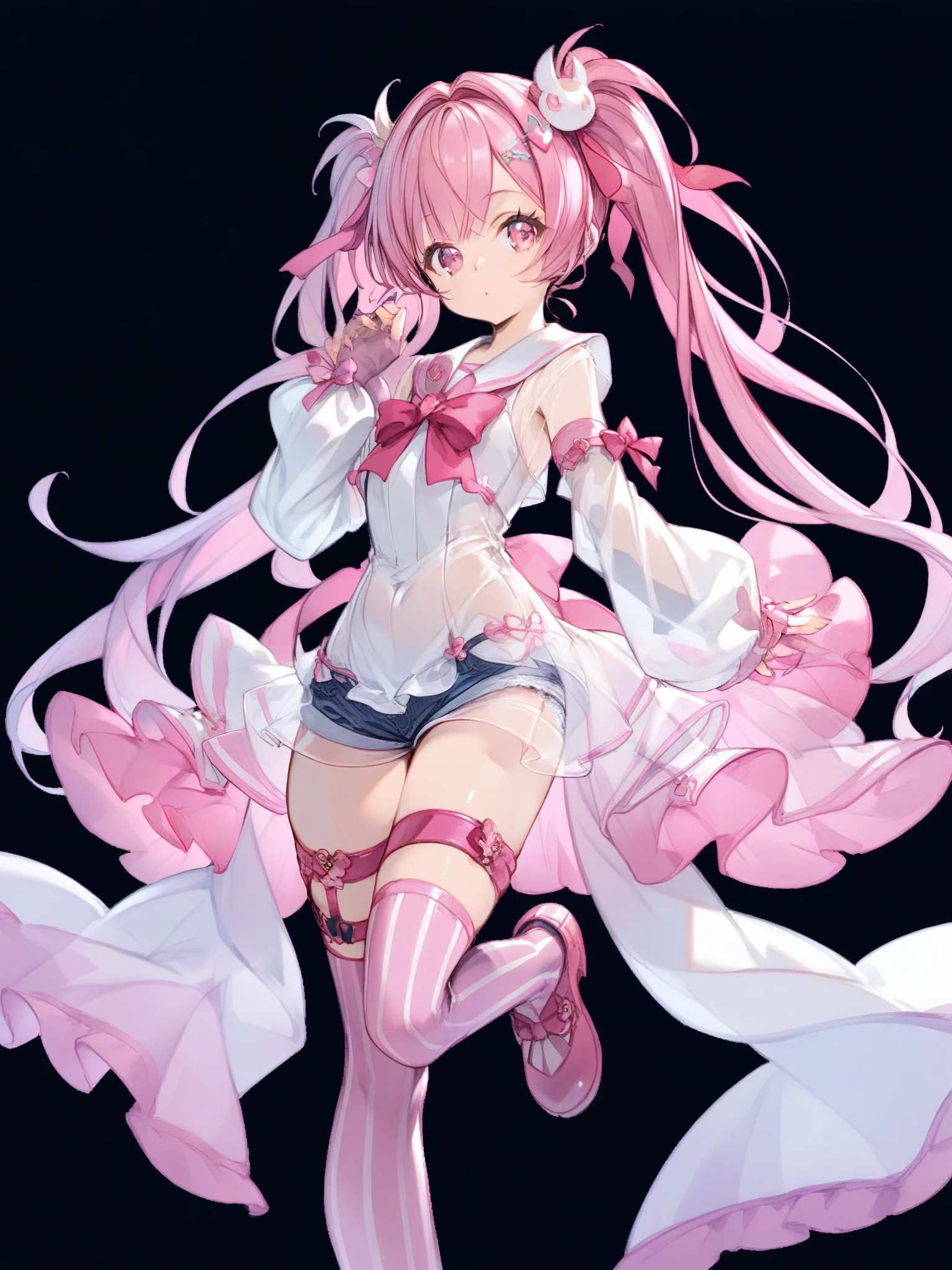 (score_9,score_8_up,score_7_up),high quality,best quality,Highly detailed,highres,1girl,sexy,black background,simple background, 1girl, twintails,long hair, hair ornament, pink hair, pink eyes, 1girl, pink_ribbon, see-through, detached_sleeves, pink_sailor_dress, underwear, denim_short_shorts_under_dress, zettai_ryouiki, vertical-striped thighhighs, thigh strap,pink_footwear, white_elbow_gloves, fingerless_gloves,