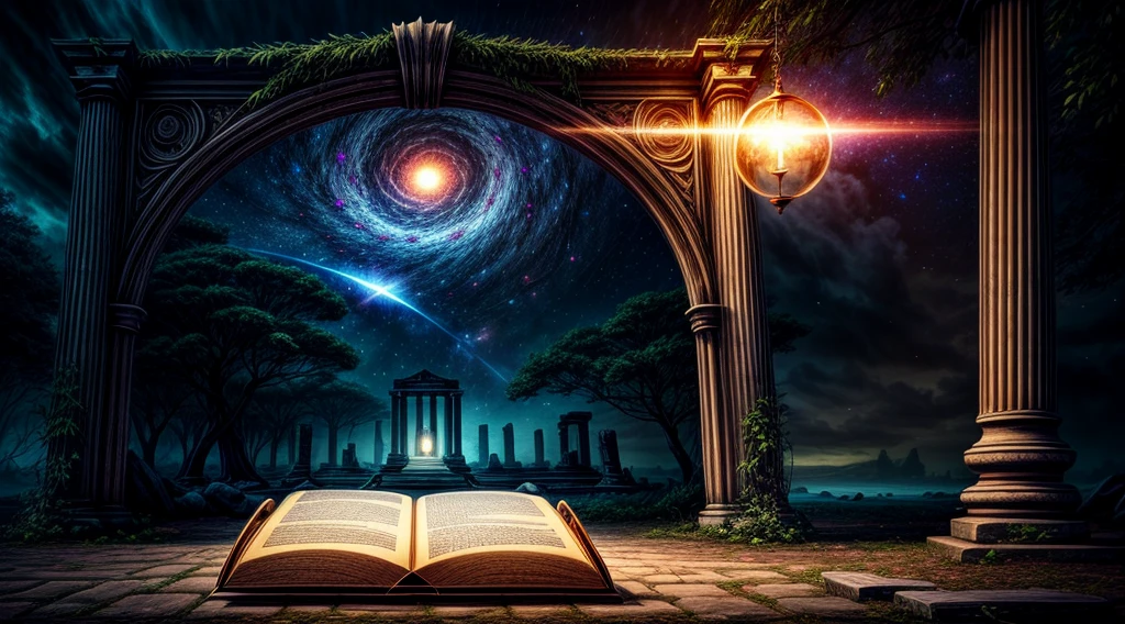 Chronos Portal, tree, galaxy, reading golden ornate book, evening, glow, sunset, fantasy landscape, ancient ruins, glowing portal, majestic tree, swirling nebula, ornate book, golden light, dramatic lighting, moody atmosphere, cinematic composition, intricate details, photorealistic, hyperrealistic, matte painting, concept art style, dramatic lighting, vibrant colors, dynamic composition, epic scale