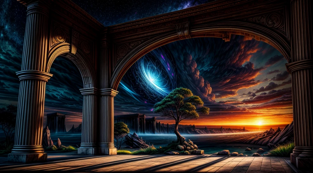 Chronos Portal, tree, galaxy, reading golden ornate book, evening, glow, sunset, fantasy landscape, ancient ruins, glowing portal, majestic tree, swirling nebula, ornate book, golden light, dramatic lighting, moody atmosphere, cinematic composition, intricate details, photorealistic, hyperrealistic, matte painting, concept art style, dramatic lighting, vibrant colors, dynamic composition, epic scale