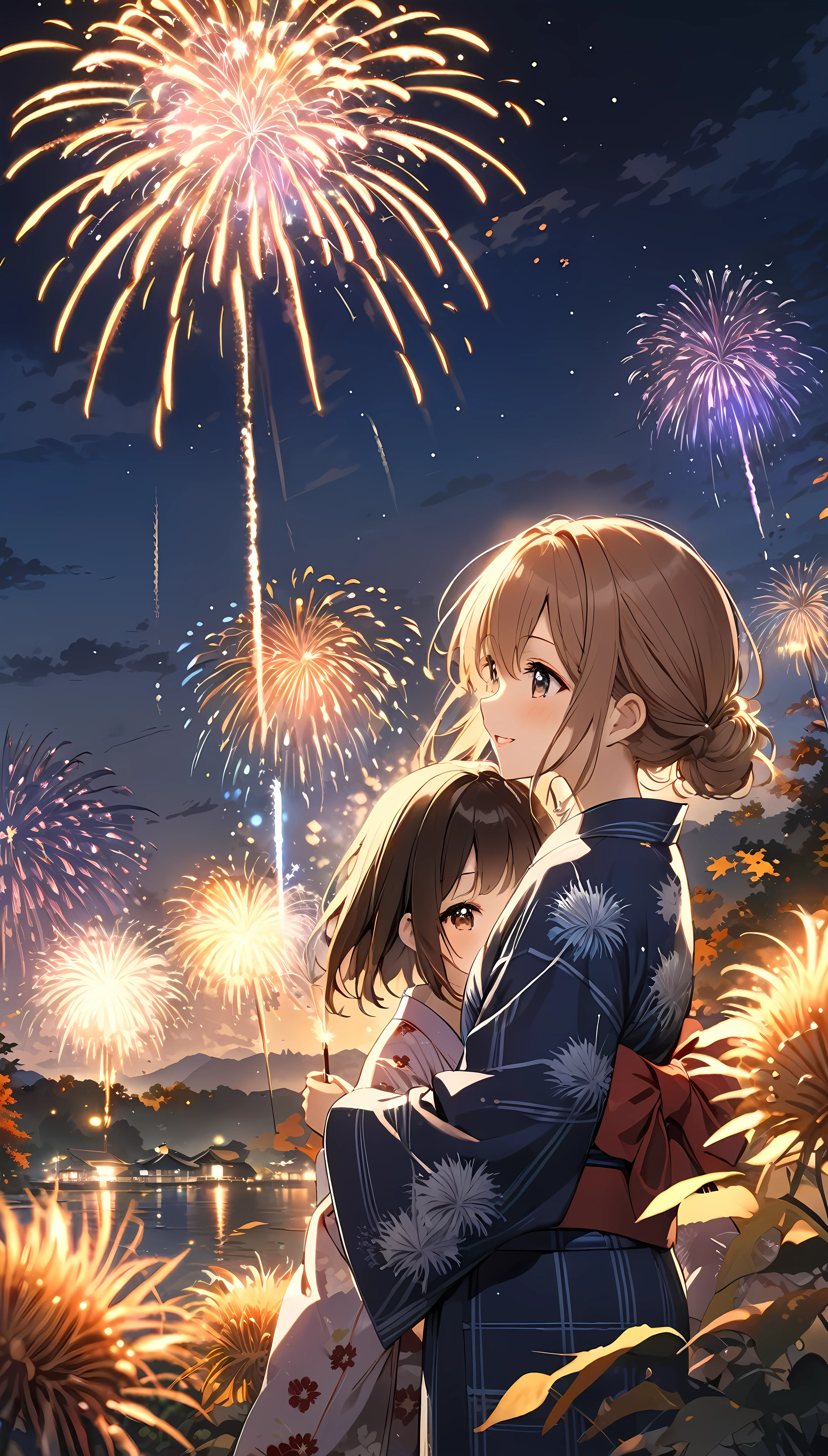 A mother holds her  in her arms at a fireworks display to make it easier to see the fireworks, traditional japanese concept art, [ Fireworks in the sky ]!!