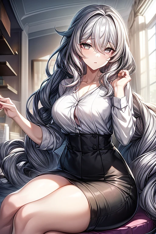 (Perfect work, Pretty face, Delicate grey eyes), 1 woman, (cartoon), (woman), Long gray curly hair, Clearly defined pink pupils, Female CEO, White shirt,Black pants,Calm,In the study,Sitting,morning,Curtains slightly lit,Loose clothing,White collarbone,The eyes of attachment