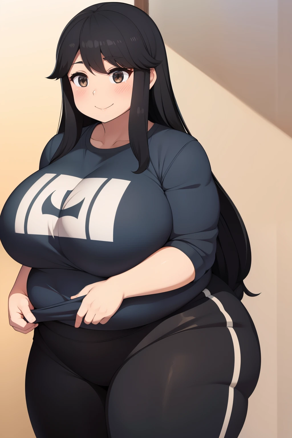 Chubby 2 big boobs black hair brown eyes happy long hair and smile blushing deredere sweatpants 