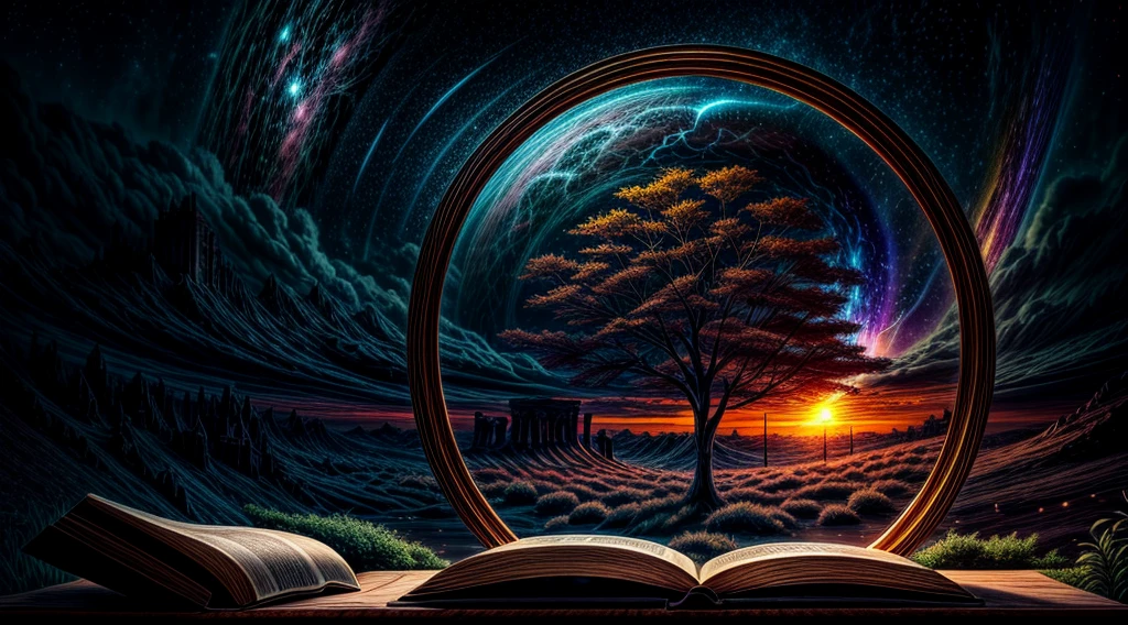 Chronos Portal, tree, galaxy, reading golden ornate book, evening, glow, sunset, fantasy landscape, ancient ruins, glowing portal, majestic tree, swirling nebula, ornate book, golden light, dramatic lighting, moody atmosphere, cinematic composition, intricate details, photorealistic, hyperrealistic, matte painting, concept art style, dramatic lighting, vibrant colors, dynamic composition, epic scale