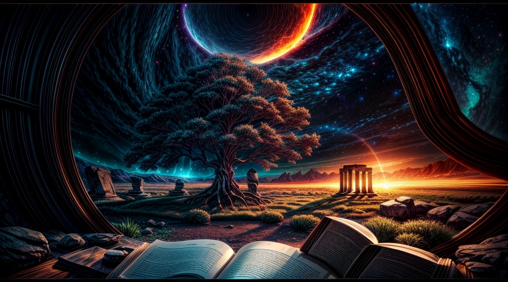 Chronos Portal, tree, galaxy, reading golden ornate book, evening, glow, sunset, fantasy landscape, ancient ruins, glowing portal, majestic tree, swirling nebula, ornate book, golden light, dramatic lighting, moody atmosphere, cinematic composition, intricate details, photorealistic, hyperrealistic, matte painting, concept art style, dramatic lighting, vibrant colors, dynamic composition, epic scale