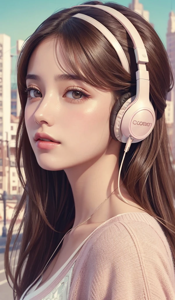 model girl wearing headphones, city background, brown eyes, intricate details, aesthetically pleasing pastel colors, poster background, 