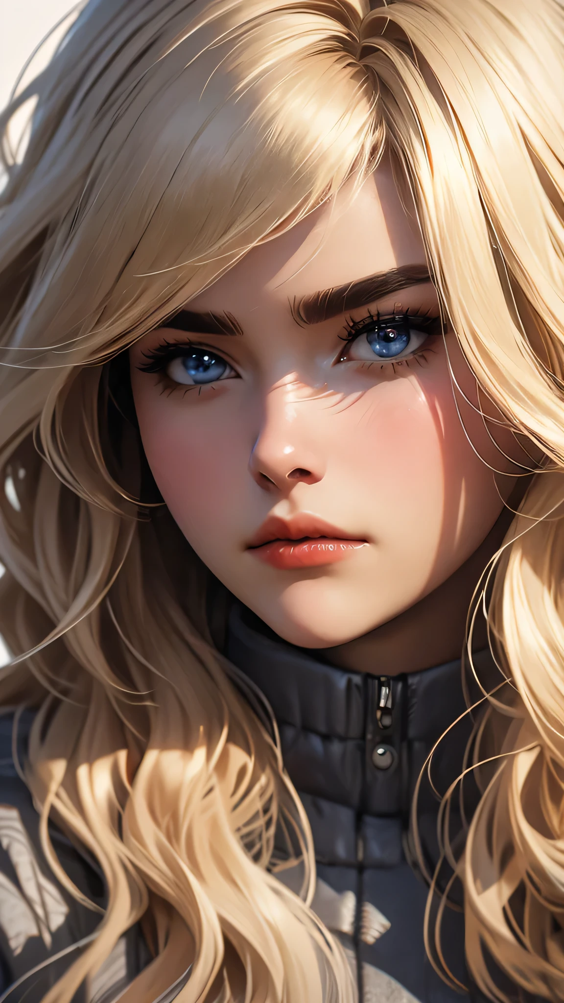 ((Masterpiece)), envision a 8k, highres, cinematic, extremely beautiful semi realistic close up portrait of a beautiful mature lady with a strong face, frown, mean face, slender body, ((long wavy blonde hair)),  , blush, angry, side locks,  round face, long sweeping bangs, orange eyes, soft lips, lip gloss, thick eyebrows, round face, ((((1girl)))), in dark lighting, against a dark gray background,