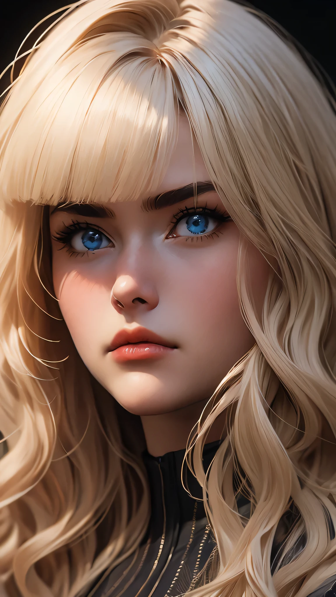 ((Masterpiece)), envision a 8k, highres, cinematic, extremely beautiful semi realistic close up portrait of a beautiful mature lady with a strong face, frown, mean face, slender body, ((long wavy blonde hair)),  , blush, angry, side locks,  round face, long sweeping bangs, orange eyes, soft lips, lip gloss, thick eyebrows, round face, ((((1girl)))), in dark lighting, against a dark gray background,