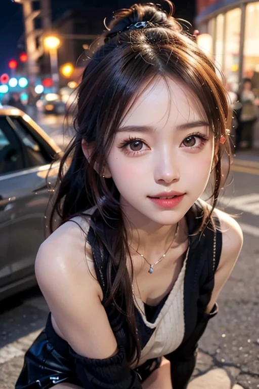 Urban beautiful girl college student, masterpiece, light makeup, red lips, silver hair, messy long hair, street background, beautiful, elegant. super fine details, master works, authentic texture, cinematic lighting realism, perfect job, 16K, hd, exquisite features,blue eyes、japanese idol、Beautiful Face、cute smile、brown hair、beautiful hair、ponytail、glamorous、perfect breasts、erect nipples、Oily muscle、shiny skin、white skin, glowing skin, bright big eyes, smooth skin, super sexy tank top, thin tank top