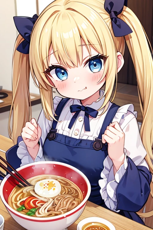 Slurping ramen,Highest quality,Blonde with blue eyes、****ta、Small breasts、Twin tails、girl&#39;mischief,smile,,A ramen bowl towering like Mount Everest, filled with meat,Japanese style ramen