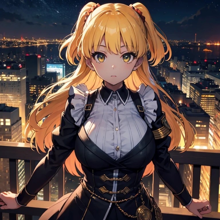 masterpiece, Super detailed, high quality, 8k, Luminedef, night, Bright Eyes, Detailed aspect, Dynamic pose, looking at viewer, Huge breasts, night city view, Standing, Upper Body,