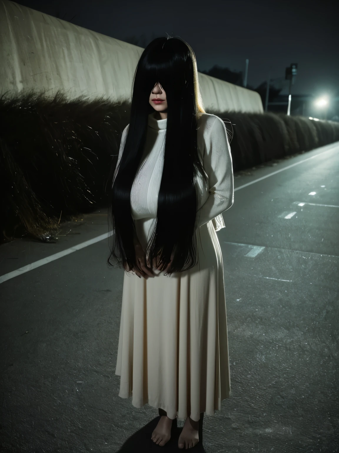 (masterpiece:1.1, Best Quality:1.1, 16K HDR, High resolution), (1girl in, Solo), professional lighting, cinematic lighting, RAW photo, Ultra-realistic & detailed portrait of Sadako Yamamura, the ring, Black hair, female ghost, (((((extremely Long hair, extremely long Bangs, extremely long bangs over eyes))))), ((((Extremely ultra huge breasts, Extremely ultra huge cleavages, Extremely ultra huge tits, Extremely ultra huge boob)))), (out doors, tunnel, concrete), (night atmosphere:1.5, dark atmosphere:1.5, horror & spooky atmosphere:1.5), Realistic skin texture, (ultra slim waist:1.15, Perfect slim body style:1.15), ((red colored dress:1.1, long sleeve, long skirt dress)), ultra realistic skin texture, ultra detailed skin texture, full body shot, zoom out view, (just standing), 