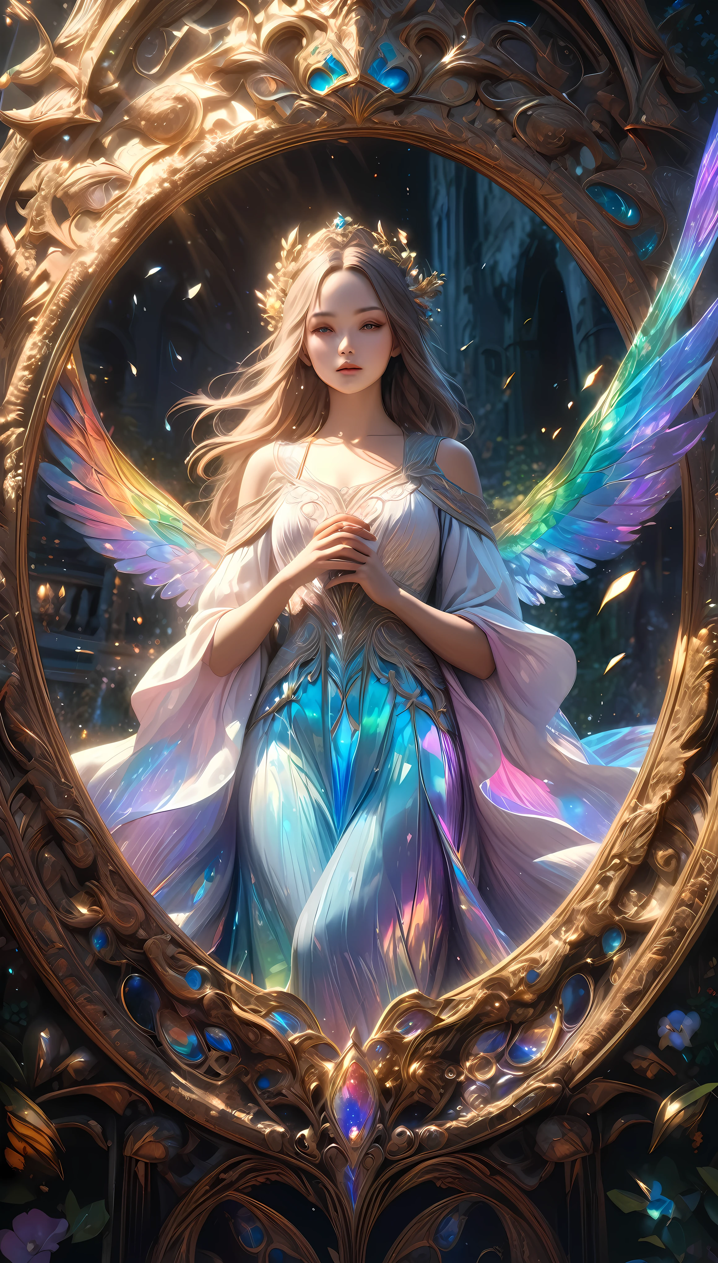 intricate, detailed, classical fantasy, elegant goddess, ethereal, magical, dreamlike, surreal, visionary, intricate ornate frame, mythical, mystical, otherworldly, iridescent, luminous, glowing, shimmering, radiant, prismatic, kaleidoscopic, (best quality,4k,8k,highres,masterpiece:1.2),ultra-detailed,(realistic,photorealistic,photo-realistic:1.37),dramatic lighting,chiaroscuro,cinematic,moody,atmospheric,painterly,rich colors,vibrant palette,lush,sumptuous