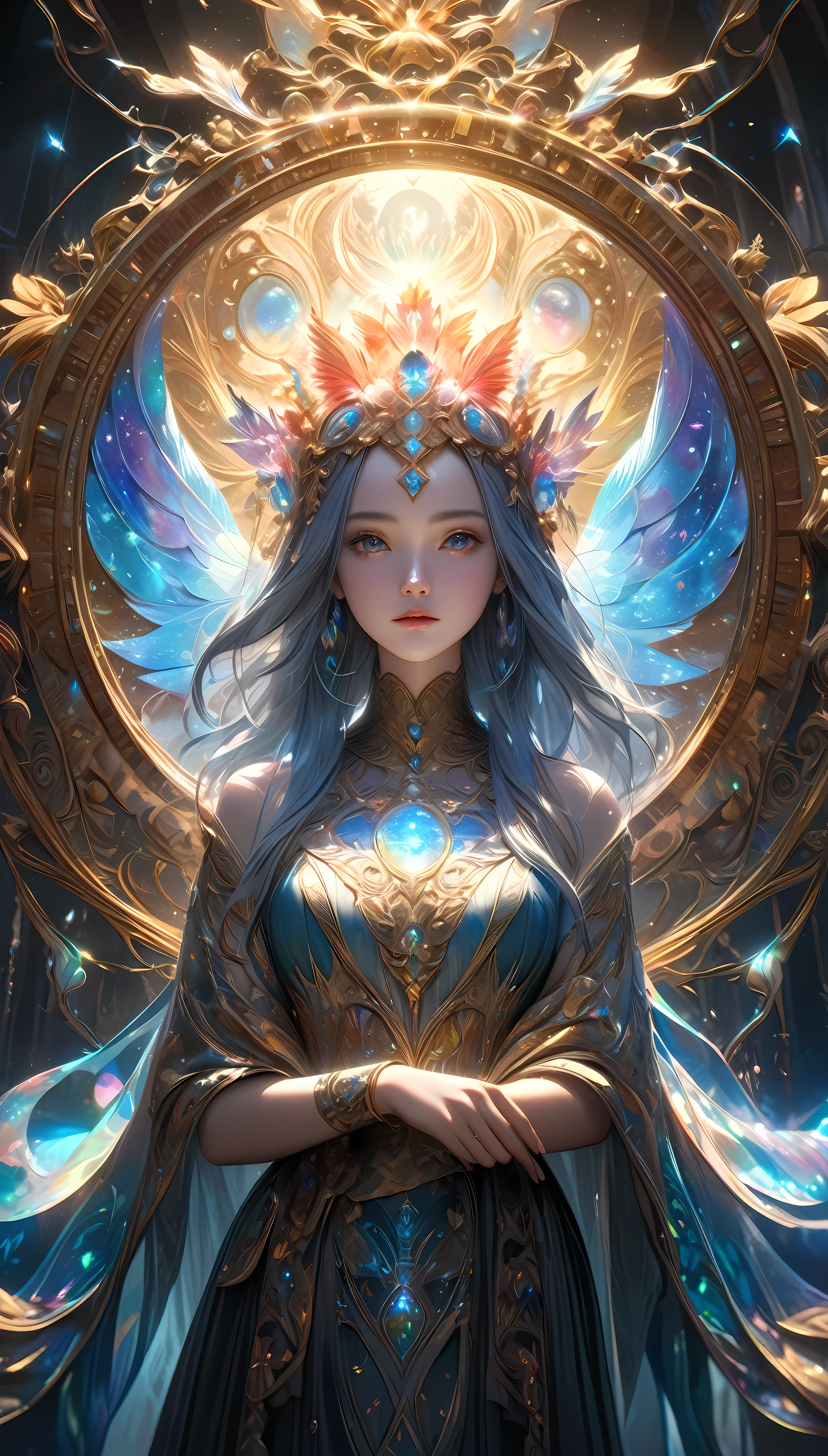 A woman with a crown and wings standing in front of a mirror - SeaArt AI