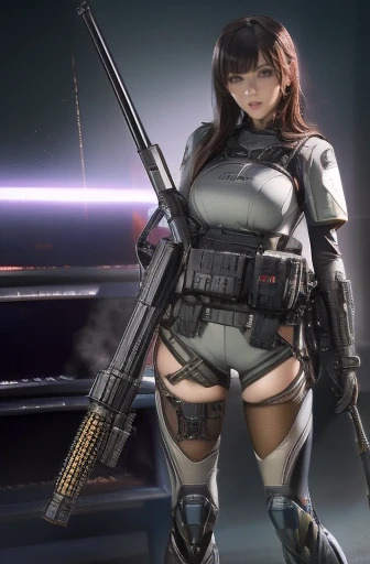 Best Quality、Amazing details、Ultra-high resolution、（realism：1.4）、（（close：0.75））、One woman is very condensed、Beautiful and delicate face、Perfect Proportions、Narrow your target audience、Large Breasts）、Brown Hair、（Silver Technology Suit）、（Cyborg Vs.. Police uniform、、、Black and grey mech、Military Harness、RPG-7 (English)、hitch technology flamethrower tank transport）、The background is a simple gray wall、