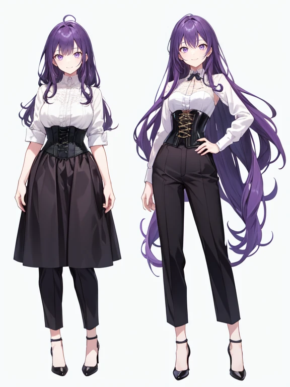 purple,long hair,woman,White shirt,,Shirt with rolled up sleeves,(corset),pants,high heels,,simple background,smile,whole body,full body,full body,Standing picture,vtuber,upright,,Standing upright with face and body facing forward,