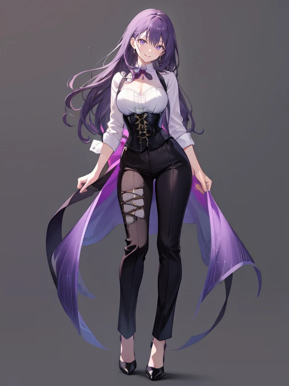 purple,long hair,woman,White shirt,,Shirt with rolled up sleeves,(corset),pants,high heels,,simple background,smile,whole body,full body,full body,Standing picture,vtuber,upright,,Standing upright with face and body facing forward,