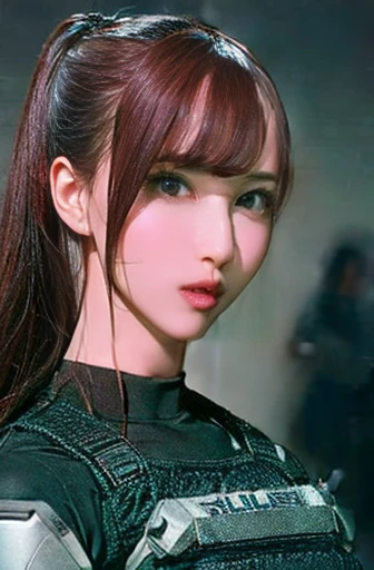 Best Quality、Amazing details、Ultra-high resolution、（realism：1.4）、（（close：0.75））、One woman is very condensed、Beautiful and delicate face、Perfect Proportions、Narrow your target audience、Large Breasts）、Brown Hair、（Silver Technology Suit）、（Cyborg Vs.. Police uniform、、、Black and grey mech、Military Harness、RPG-7 (English)、hitch technology flamethrower tank transport）、The background is a simple gray wall、