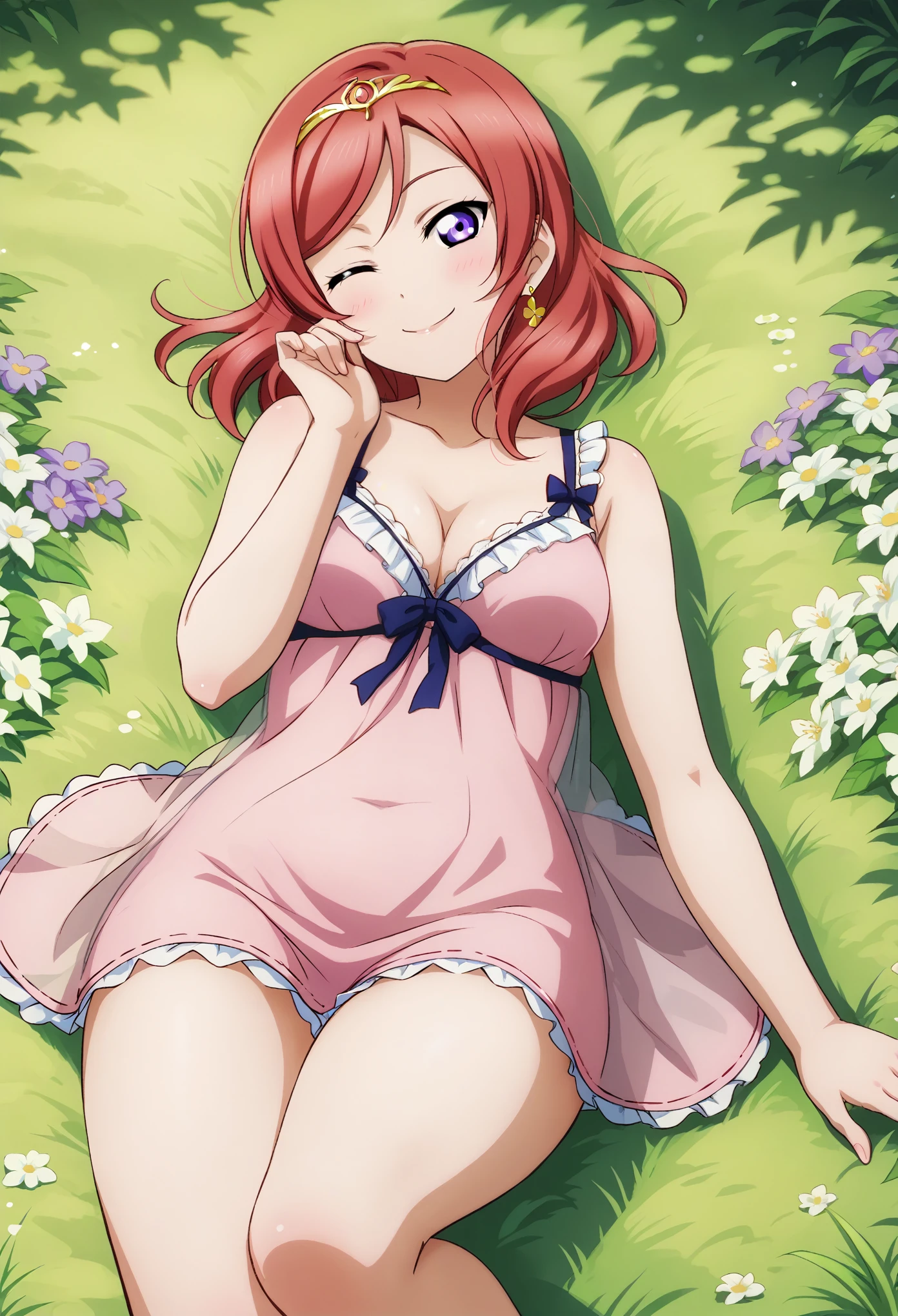 (Masterpiece, Best Quality, High Quality), anime style, love live, maki nishikino, (purple eyes:1.3), red hair, nishikino maki, medium hair, 8k wallpaper, looking at viewer, earrings, (blushing:1.2) , laying on ground, on back,negligee , smile ,grass, wink,flower circlet,fat thighs, cleavage,wink