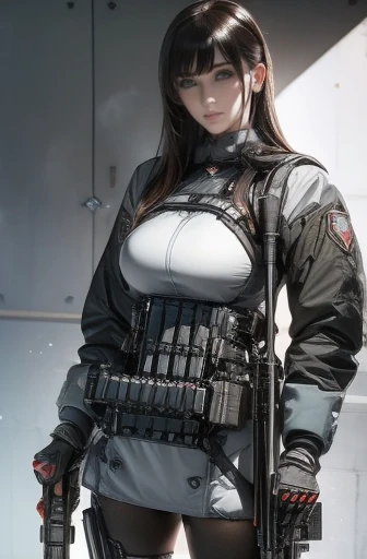 Best Quality、Amazing details、Ultra-high resolution、（realism：1.4）、（（close：0.75））、One woman is very condensed、Beautiful and delicate face、Perfect Proportions、Narrow your target audience、Large Breasts）、Brown Hair、（Silver Technology Suit）、（Cyborg Vs... Police uniform、、、Black and grey mech、Military Harness、RPG-7 (English) (English)、Hitch Technology Flamethrower Tank Transport）、The background is a simple gray wall、