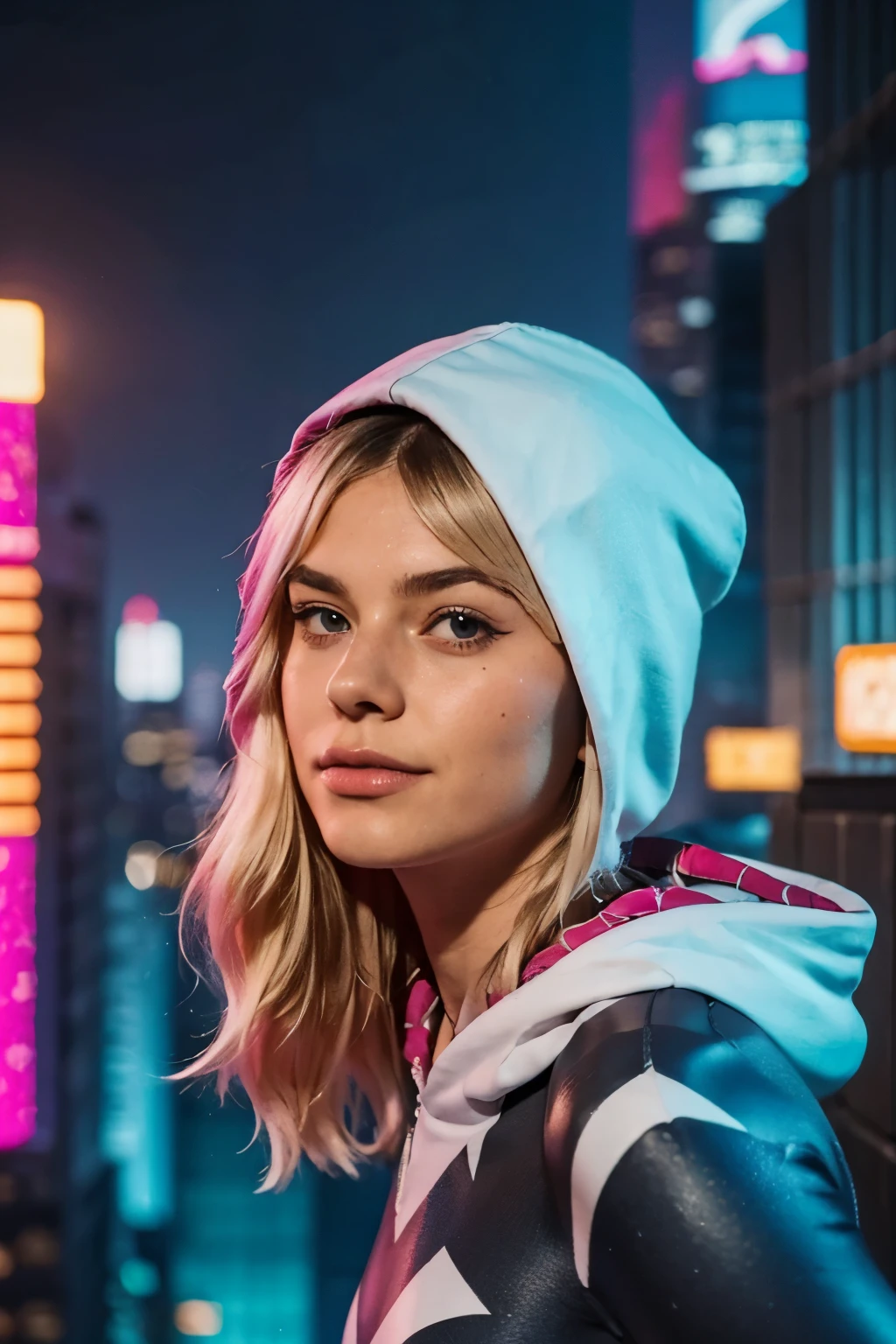 ((a teenage girl, ****, babe face)), with blonde hair,spider-gwen with hood, detailed facial features, beautiful detailed eyes, beautiful detailed lips, extremely detailed face, dynamic spider-themed superhero pose,web-slinging action, futuristic cityscape background, neon lighting, cinematic lighting, dark and moody atmosphere, rich colors, vibrant, digital art, 8k, hyper detailed, photorealistic, masterpiece. ((colorful lights)). 