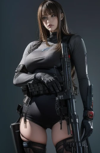 Best Quality、Amazing details、Ultra-high resolution、（realism：1.4）、（（close：0.75））、One woman is very condensed、Beautiful and delicate face、Perfect Proportions、Narrow your target audience、Large Breasts）、Brown Hair、（Silver Technology Suit）、（Cyborg Vs... Police uniform、、、Black and grey mech、Military Harness、RPG-7 (English) (English)、Hitch Technology Flamethrower Tank Transport）、The background is a simple gray wall、