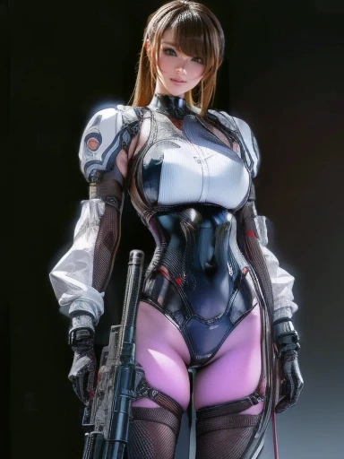 Highest quality、Amazing details、Ultra-high resolution、（realism：1.4）、（（close：0.75））、One woman is very condensed、Beautiful and delicate face、Perfect Proportions、Narrow your target audience、Large Breasts）、Brown Hair、（White Tech Suit）、（Cyborg vs. police uniform、、、Black and grey mech、Military Harness、RPG-7、Hitch Tech Flamethrower Tank Transport）、The background is a simple grey wall、