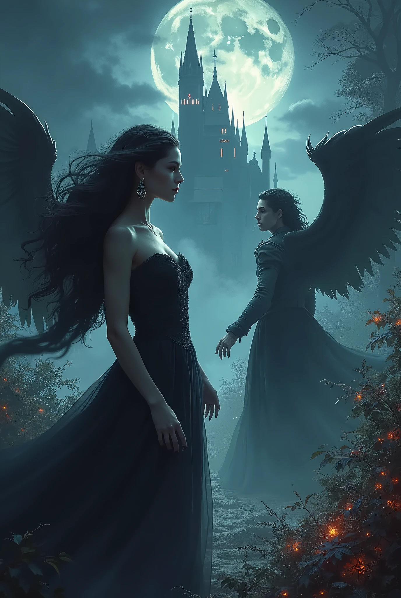 Gothic gothic fantasy art of a couple in front of a castle - SeaArt AI