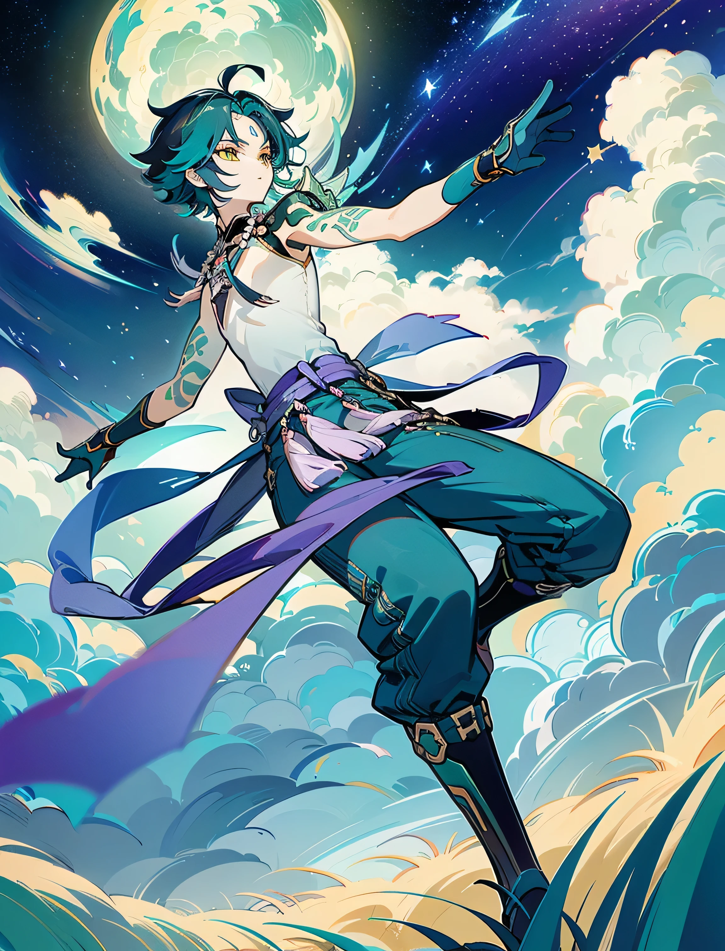 (masterpiece, high-quality, Mystical, ideal ratio of body proportions), (ultra high resolution, 8K, 16k, natural lighting, textile shading), wide shot photo:1.6, (1 beautiful anime:1.3, solo:1.5,), alone, shiny skin, BREAK, 1boy, xiao (genshin impact), gloves, tattoo, arm tattoo, necklace, cloud, jewelry, mask, sky, green hair, bead necklace, multicolored hair, night, beads, yellow eyes, ((inbalance posture)), Exotic wallpapers, fantastic colorful art, (fantasy image:1.1), ((correct anatomy:1.5, perfect anatomy:1.3, correct hand, action pose, nighttime, field, old brick, grass, stars,