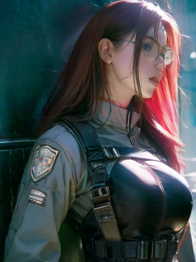 Highest quality、Amazing details、Ultra-high resolution、（realism：1.4）、（（close：0.75））、One woman is very condensed、Beautiful and delicate face、Perfect Proportions、Narrow your target audience、Large Breasts）、Brown Hair、（White Tech Suit）、（Cyborg vs. police uniform、、、Black and grey mech、Military Harness、RPG-7、Hitch Tech Flamethrower Tank Transport）、The background is a simple grey wall、