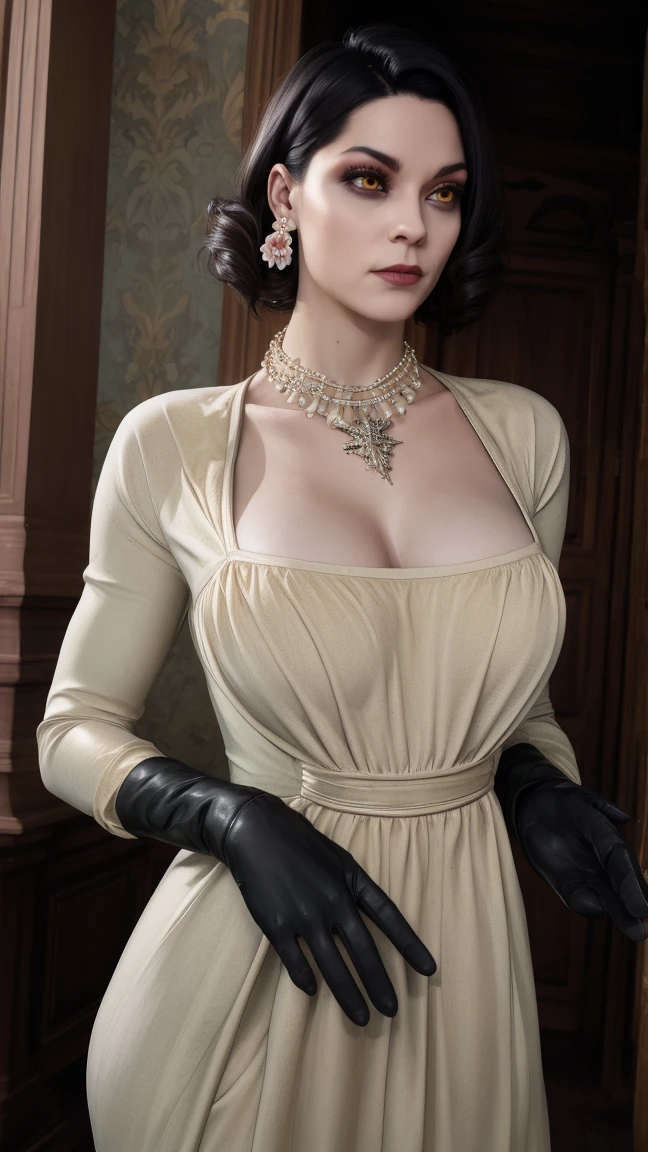 Alcina,yellow  eyes,Bblack hair,shorth hair,
white dress with flower,ha,single earring,neckleace,necklase,black gloves,
trunk,brooch,
gazing at viewer,ssmile,
castle,Inside the house,natta,
(incredibily detailed, beautifull detailed face, beautiful detailed eyes, work of art, best qualityer),standing alone,