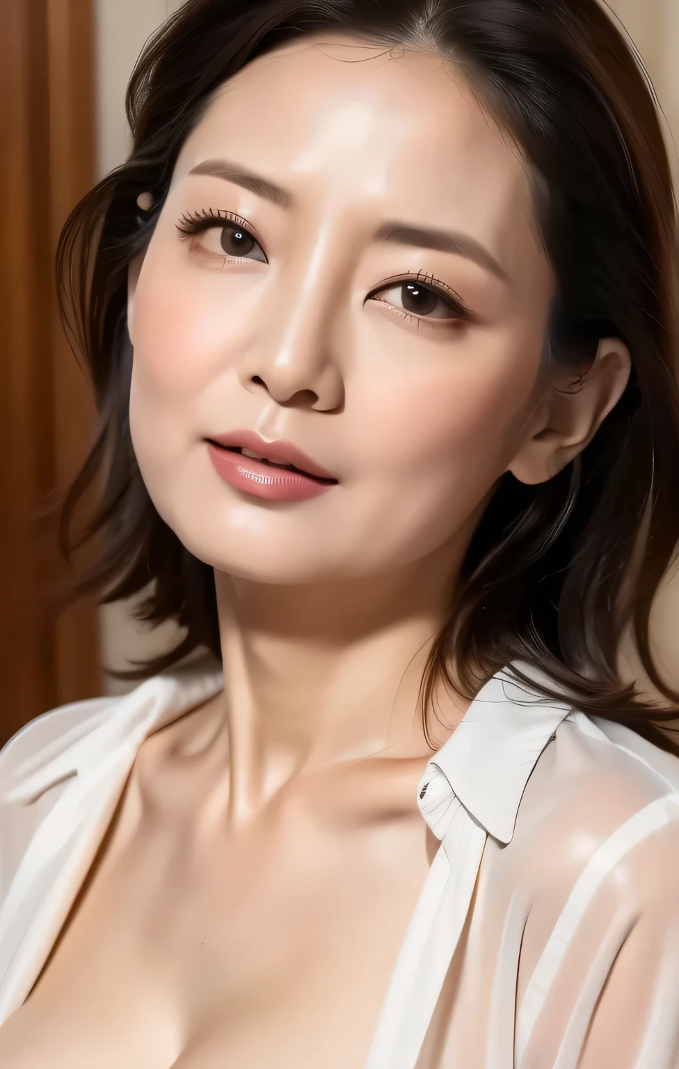 (Best Quality,8k,masterpiece),
Mature Woman,[lustful,Portraiture,
Very beautiful face,Lip gloss,Expressions of ecstasy,
Big Breasts,
Elegant black suit, White shirt,