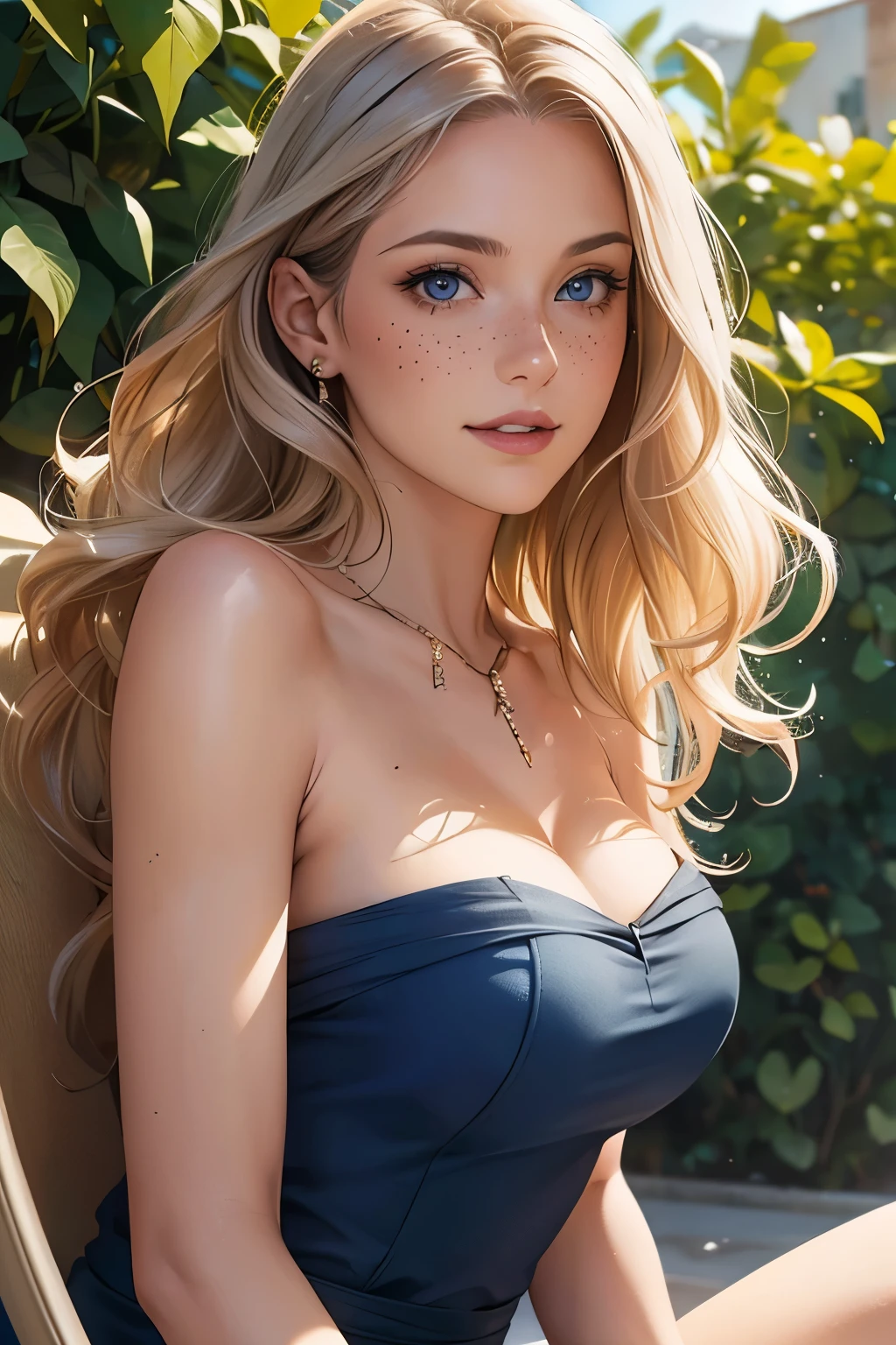 Woman, americana, Age 30, pale skin and freckles, gray eyes, delicate nose, soft and delicate lips, far away, blondie far away and wavy waist length hair, sweet smile, face with delicate feminine facial features, highly rendered, strapless BLUE navy, com pulseiras e colar dourado, passando um batom vermelho, diante de um espelho, toda sexy, modelshoot