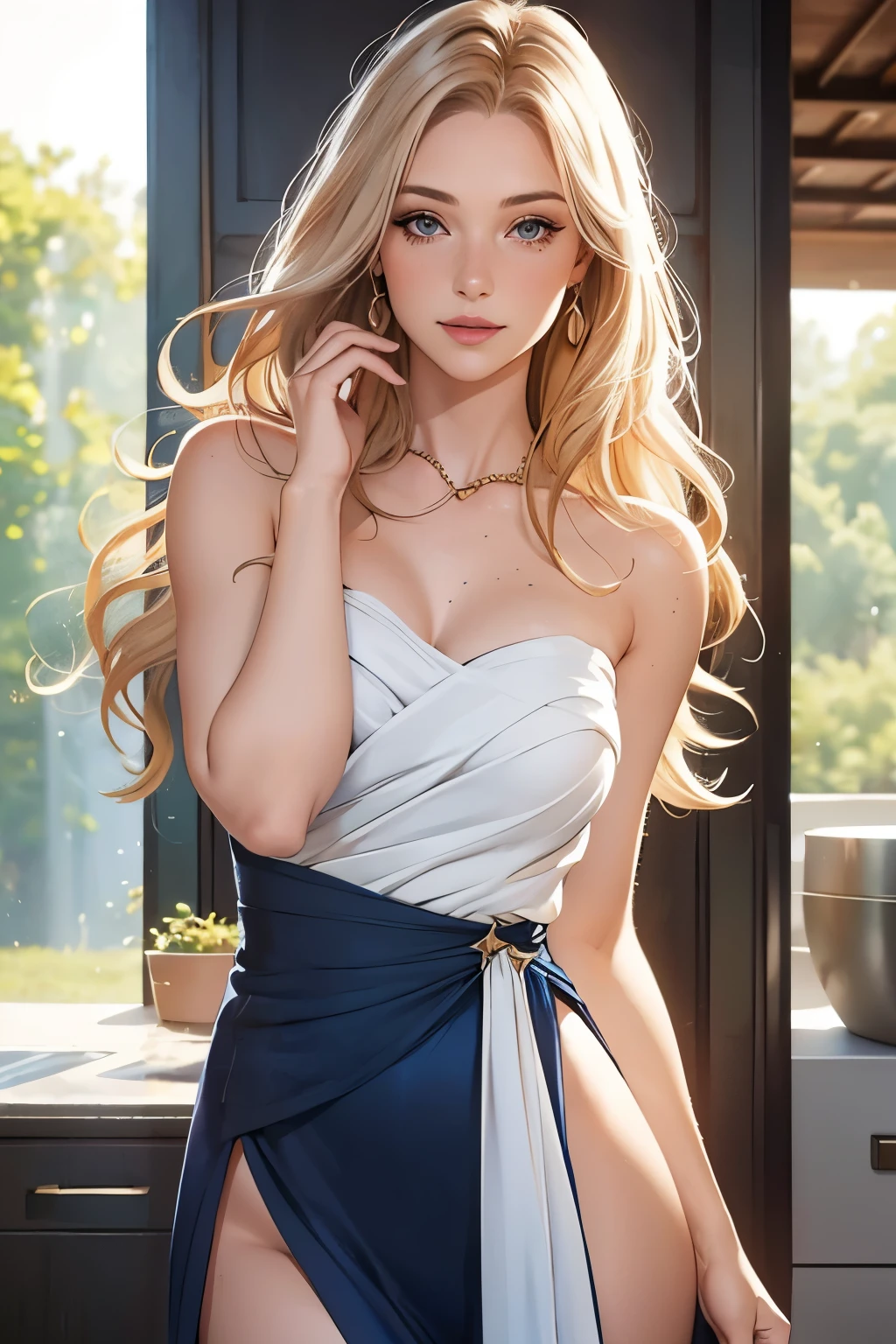 Woman, americana, Age 30, pale skin and freckles, gray eyes, delicate nose, soft and delicate lips, far away, blondie far away and wavy waist length hair, sweet smile, face with delicate feminine facial features, highly rendered, strapless BLUE navy, com pulseiras e colar dourado, passando um batom vermelho, diante de um espelho, toda sexy, modelshoot