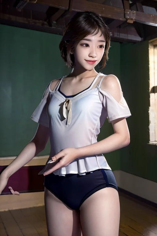 1girl, solo, smile, looking at viewer, child, ,, masterpiece, best quality:1.4,high quality, detail, young teen, Black gymnastics bloomers, High leg、white blouse, 