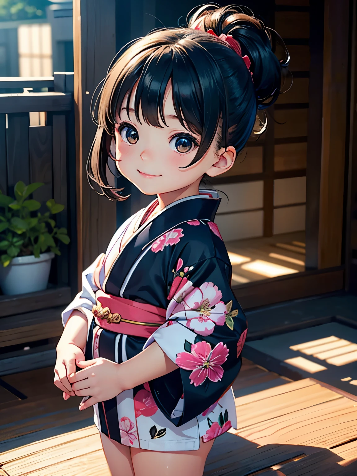 Best Quality, High resolution, Very detailed, Anatomical, Exact ratio, 、A very small young girl，Chibi，, Round face, smile, Healthy Skin, Glowing Skin, Glowing Skin, Black Hair, Full Body Shot, Short kimono，