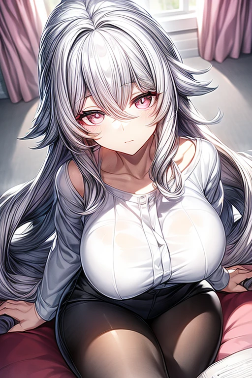 (Perfect work, pretty face, delicate gray eyes), 1 Miss, (Cartoon), (Miss), gray long curly hair, Distinctive pink pupils, 女CEO, white shirt,black pants,calm,In research,sitting,morning,Curtains glow slightly,loose clothes,White collarbone,attachment eyes