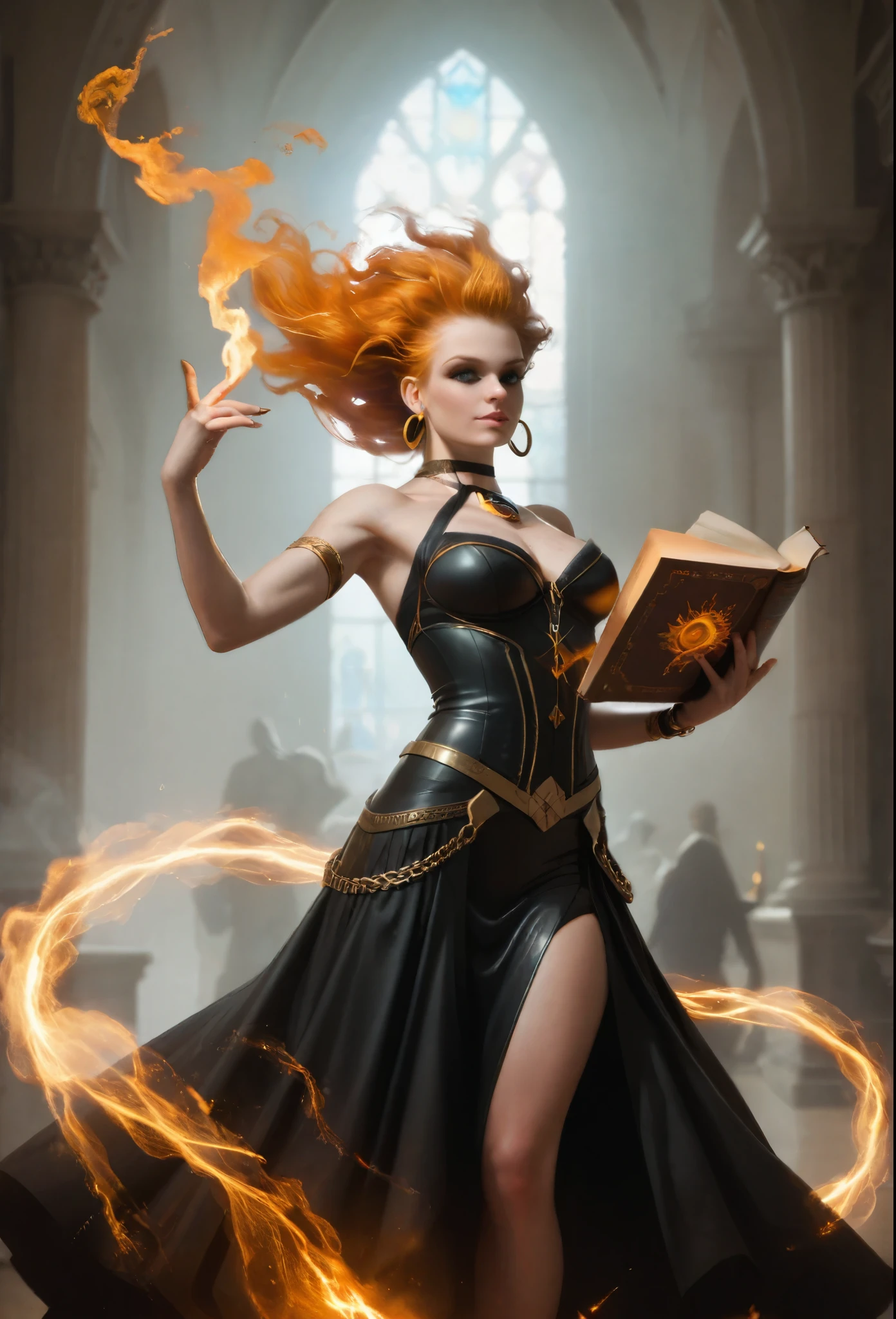 (style realistic mix with style dark fantasy), ((ethnicity north style)), (very long hairs make from Fire burn), ((her body make fron fire and white skin)), ((dark metal clothes with orange Text on it)), (she dancing and hold magic book with fire aura), Located inside mystery burnibg placw, (smoke and fire around, burnung effect), very detailed, good quality, perfect fire, perfect body detalisation, perfect face. 