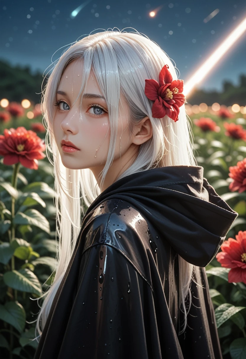 1 girl,One,1 girl,One,((beautiful detailed eyes)), (detailed light),depth of field,(White hair),silver eyes,hair above one eye,(Red flower ), hair flower,Long hair,black cloak,Wet,insensitive,looking back,Night,meteor shower,it&#39;s raining,fog,Red flowers falling,sketch,upper body,intense shadows,