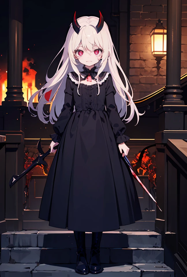 1 teenager girl, vampire, elf, young, black gothic dress, red right stocking, black left stocking, red eyes, white hair with bow, scythe, against the backdrop of the red moon, abandoned gothic church, night, looking at viewer, majestic pose, 8k, masterpiece, high res, ultrasharp